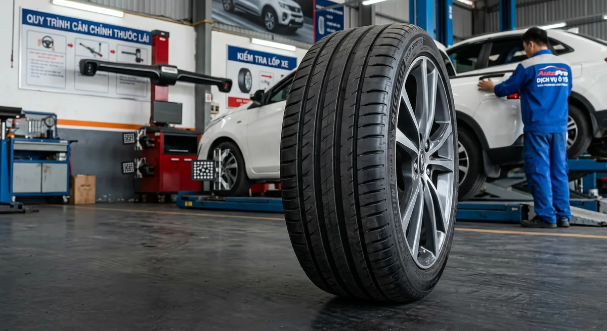 Kỹ thuật viên đang thực hiện dịch vụ cân chỉnh thước lái gần đây giá rẻ bằng máy 3D