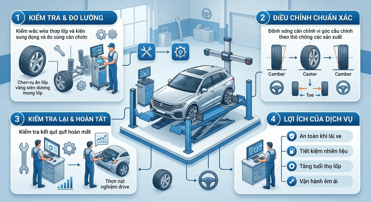 Mô tả các góc Camber Caster Toe trong dịch vụ cân chỉnh thước lái