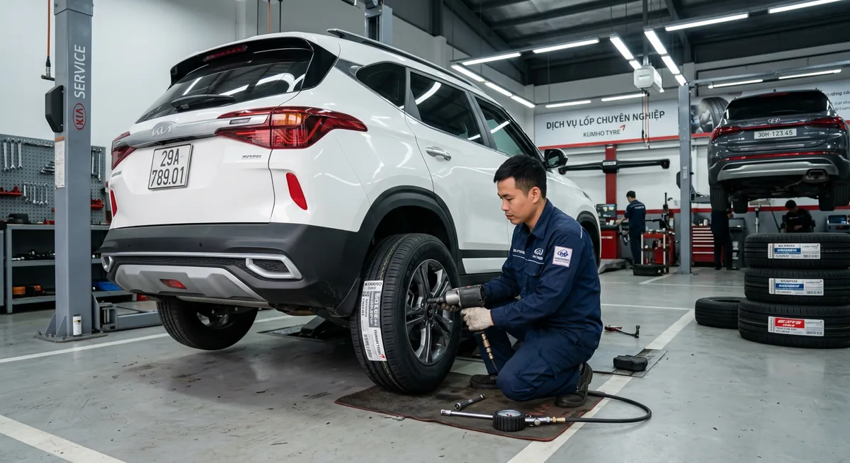 Kỹ thuật viên đang kiểm tra lốp Kumho cho khách hàng