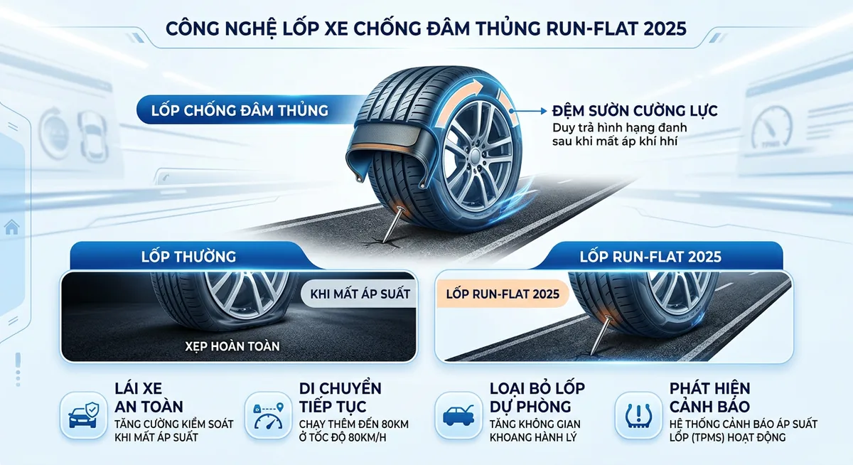 So sánh sự khác biệt khi lốp Run-Flat và lốp thường bị thủng