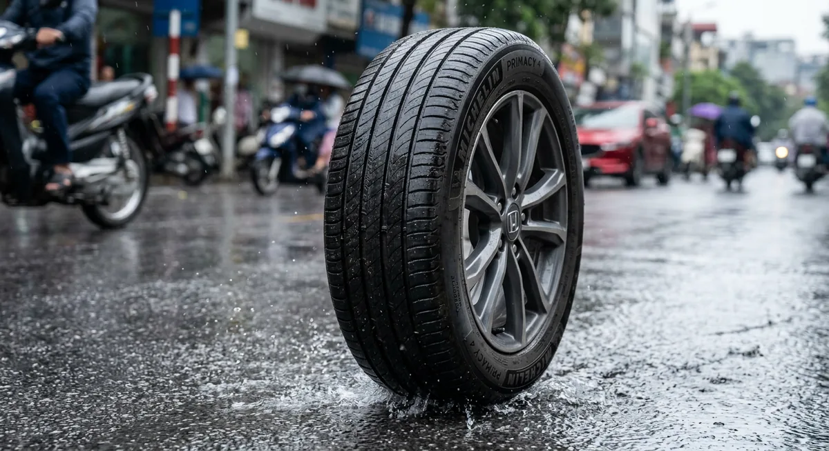 Lốp xe ô tô chạy mùa mưa Việt Nam thoát nước trên đường ướt