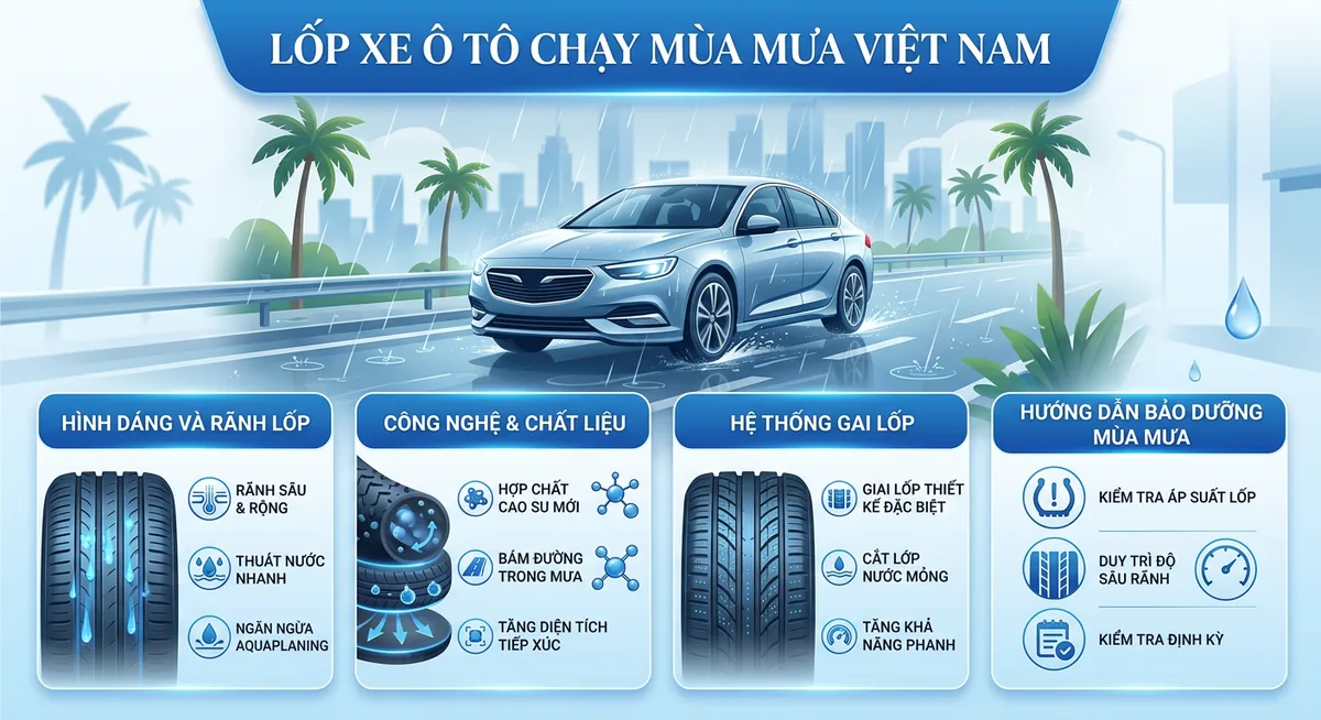 Minh họa hiện tượng hydroplaning khi xe chạy mùa mưa