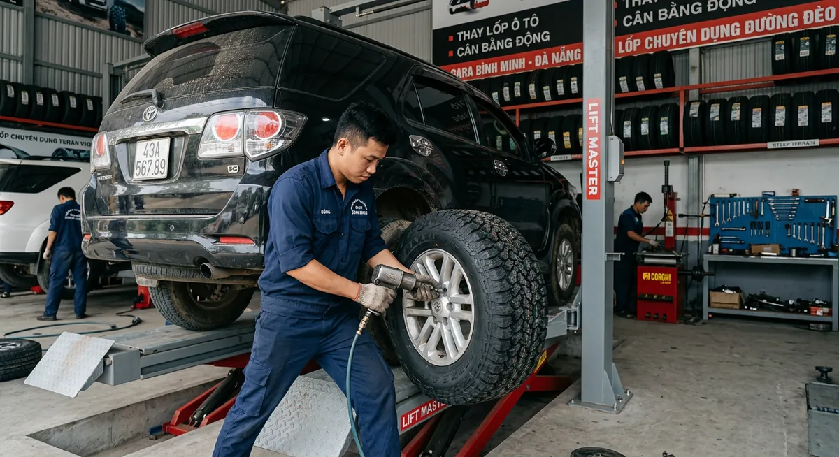 Kiểm tra áp suất lốp xe ô tô trước khi đi đèo