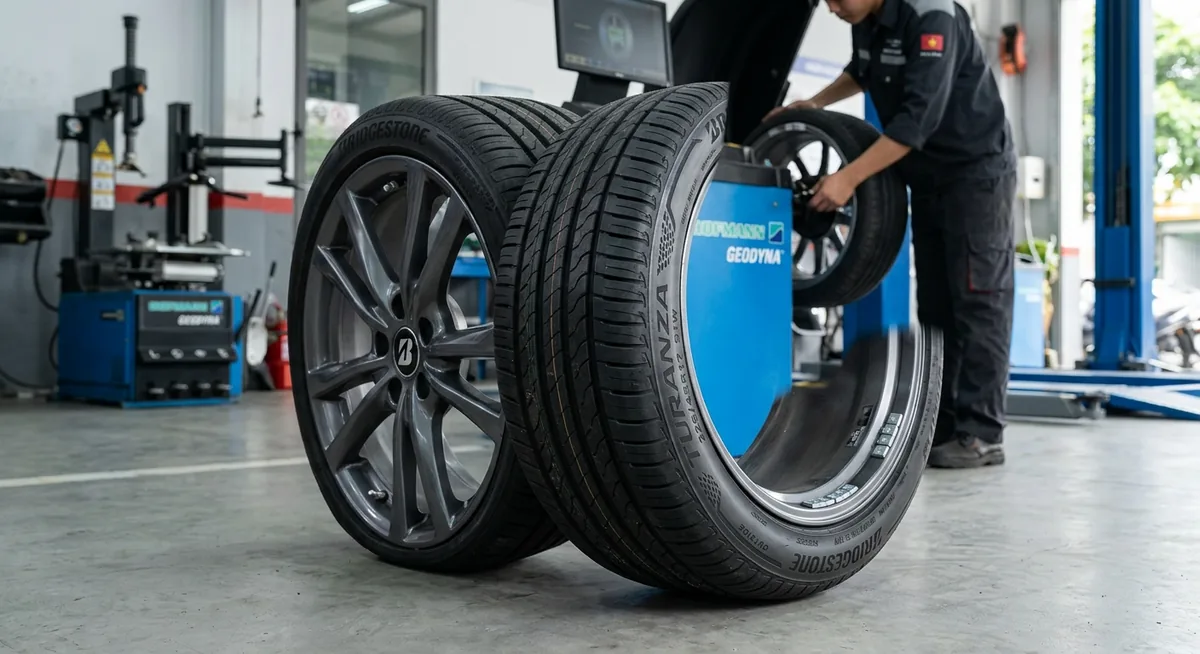 Kỹ thuật viên đang thực hiện cân bằng động và kẹp chì mâm lốp ô tô