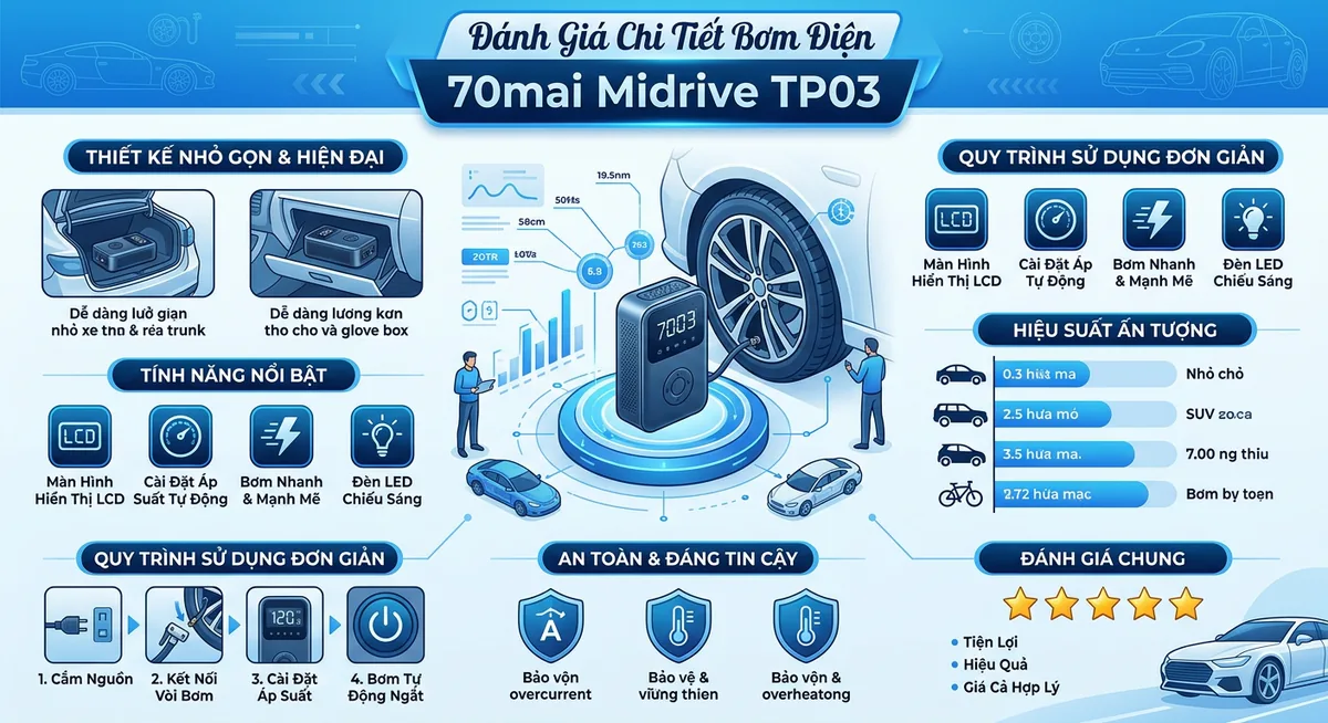 Cận cảnh màn hình và các nút điều khiển của bơm 70mai TP03