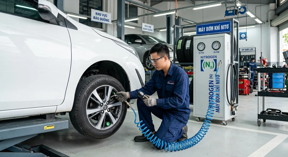 Nắp van màu xanh nhận diện lốp bơm khí nitơ