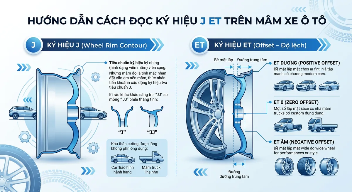 Minh họa Offset ET dương ET âm và ET không trên mâm ô tô