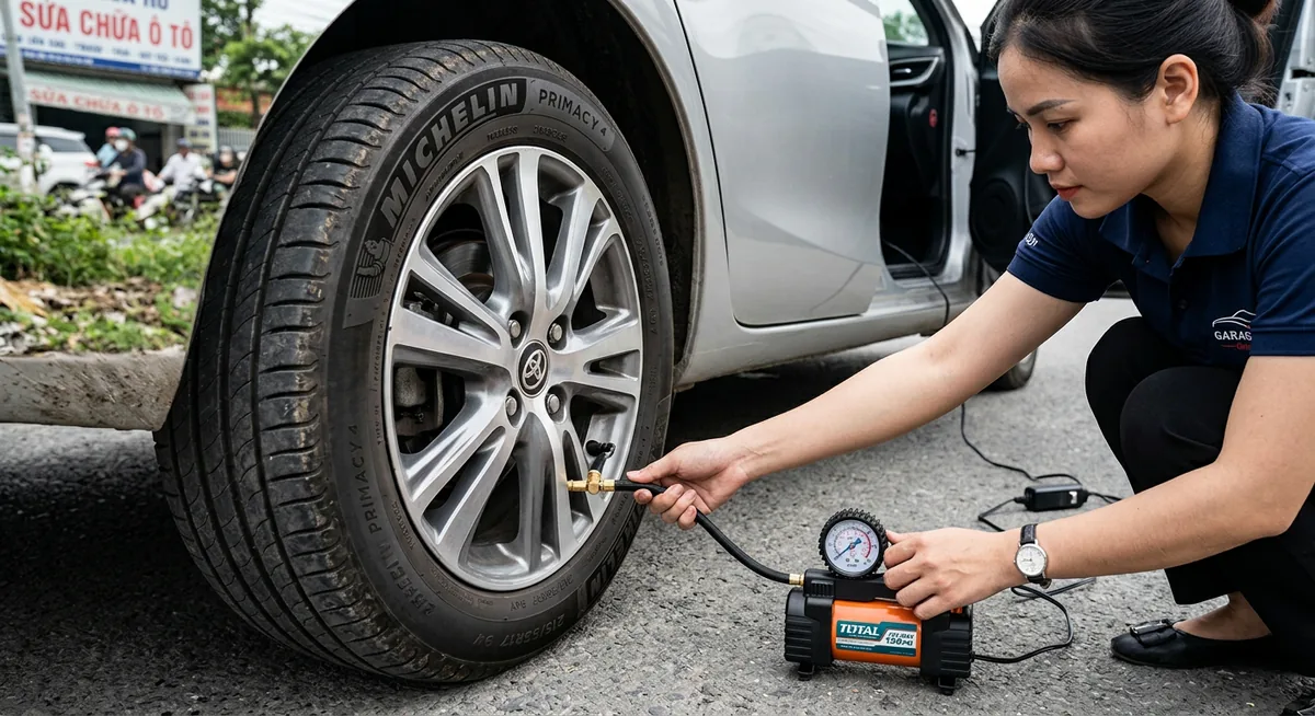 Sử dụng bơm lốp mini ô tô cắm tẩu sạc trong chuyến đi phượt