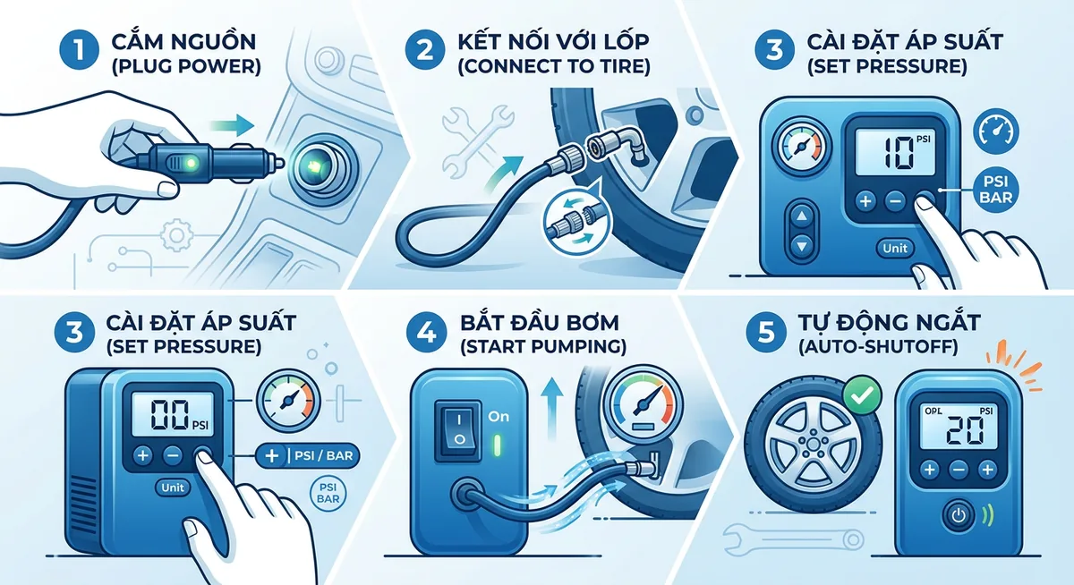 Các bước thao tác cài đặt thông số trên bơm lốp điện tử mini