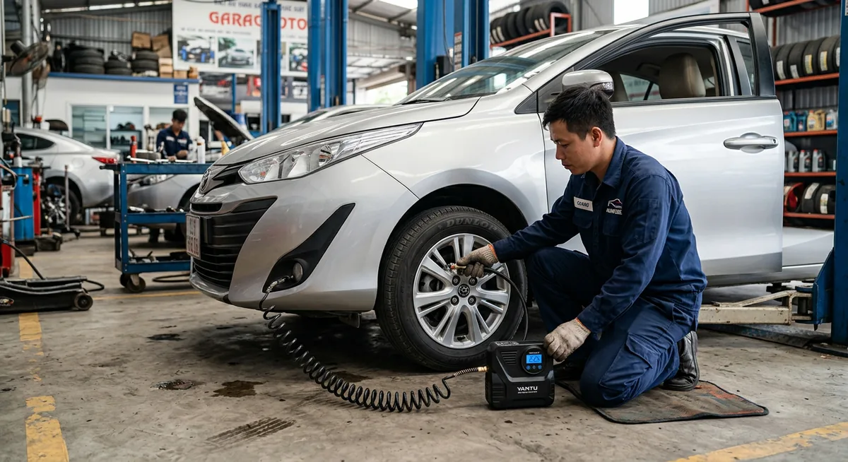 Kiểm tra áp suất lốp định kỳ bằng bơm mini cầm tay