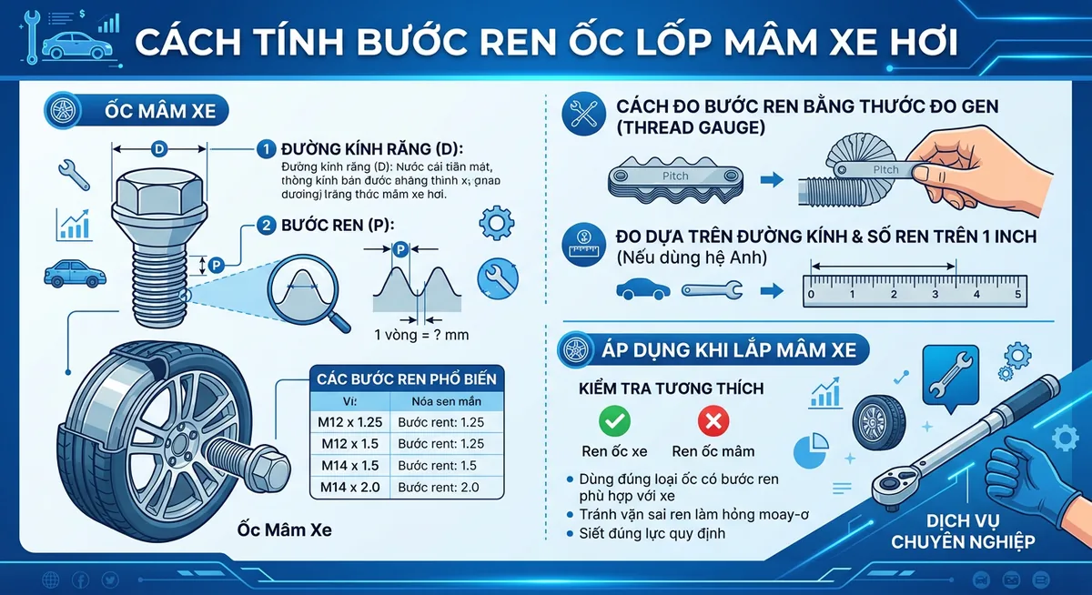 Hướng dẫn sử dụng thước đo ren để xác định bước ren ốc bánh xe