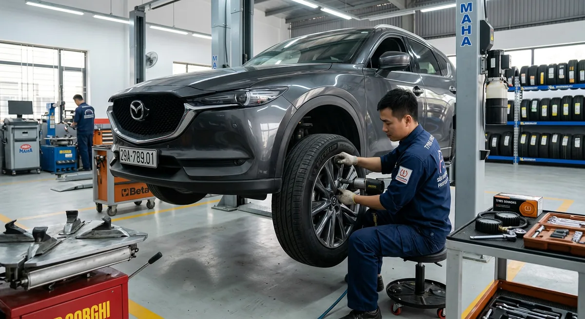 Kỹ thuật viên đang cân bằng động bánh xe sau khi lắp cảm biến áp suất lốp