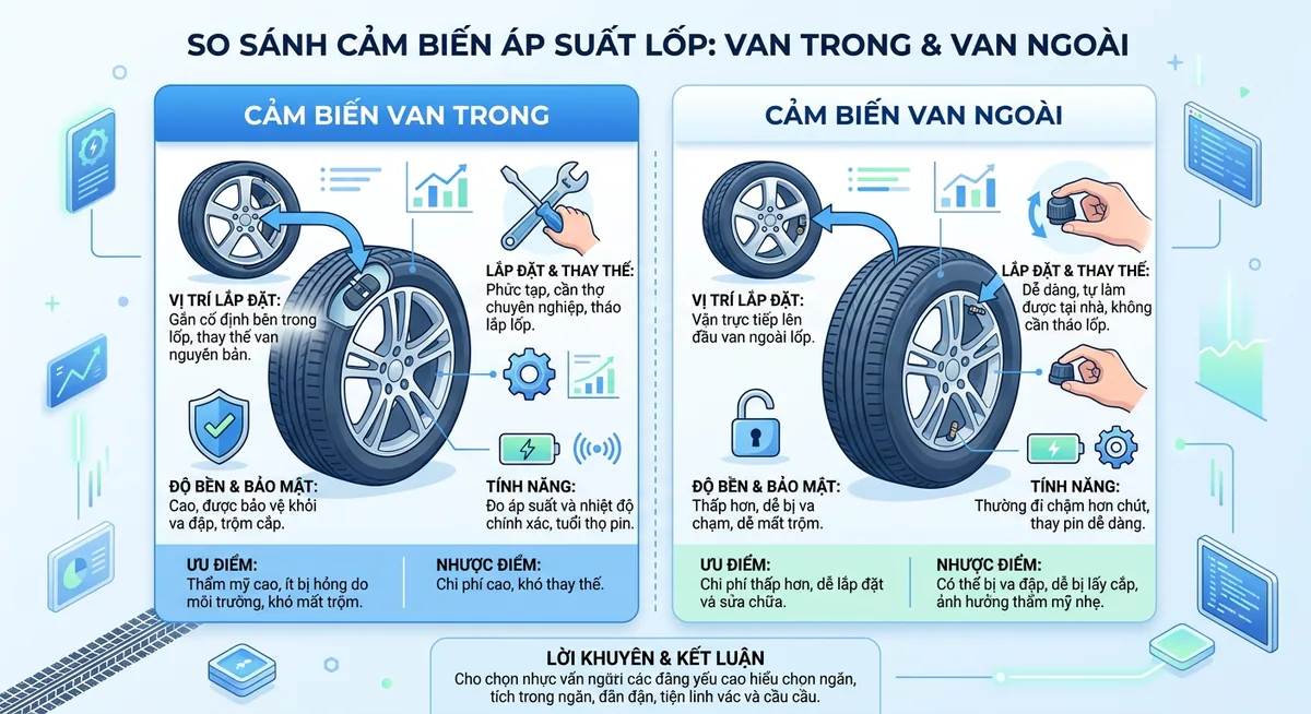 So sánh kích thước cảm biến áp suất lốp van trong và van ngoài