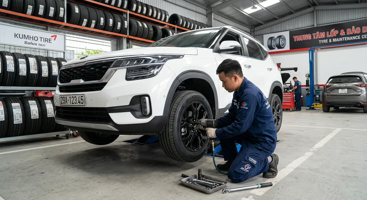 Lốp xe ô tô được lắp đặt hoàn thiện