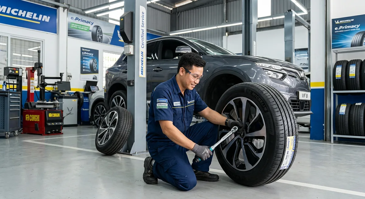 Lắp đặt lốp Michelin e.Primacy cho xe điện VinFast