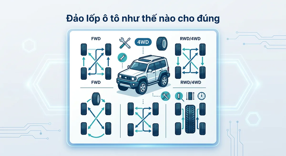 Sơ đồ minh họa các kiểu đảo lốp FWD, RWD và AWD