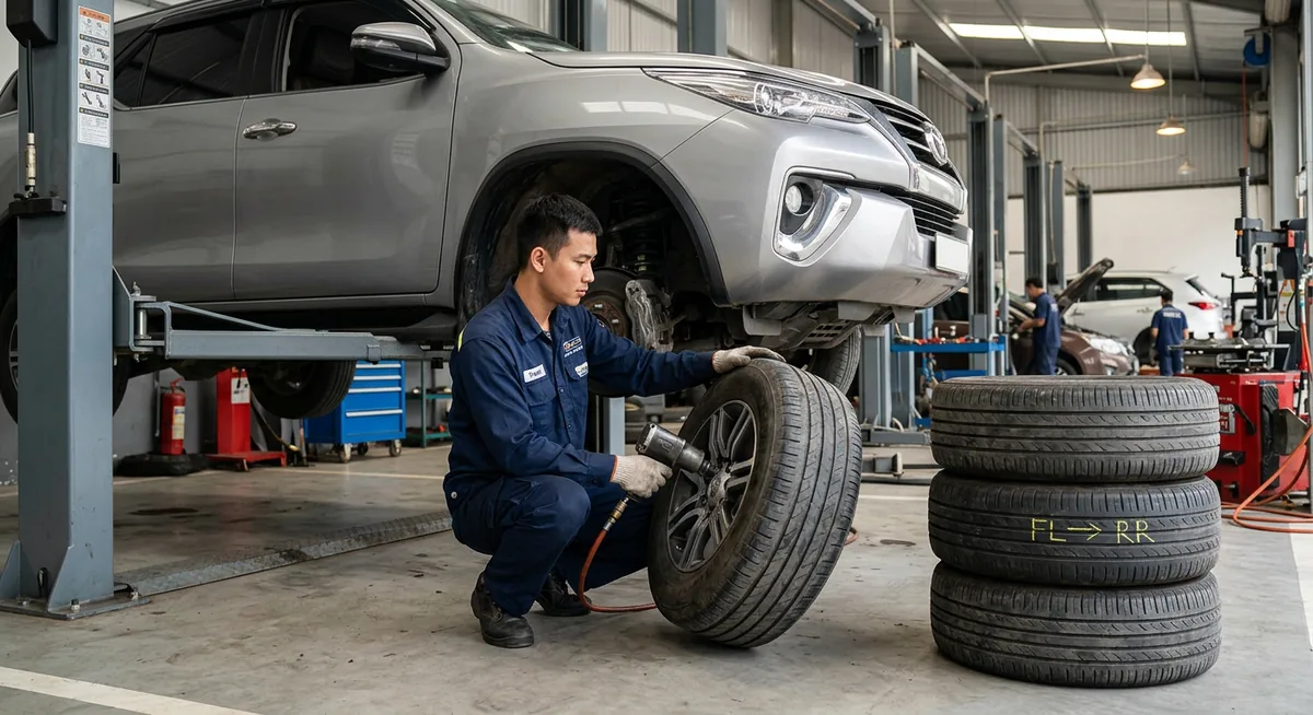 Kỹ thuật viên đang thực hiện cân bằng động cho lốp xe sau khi đảo