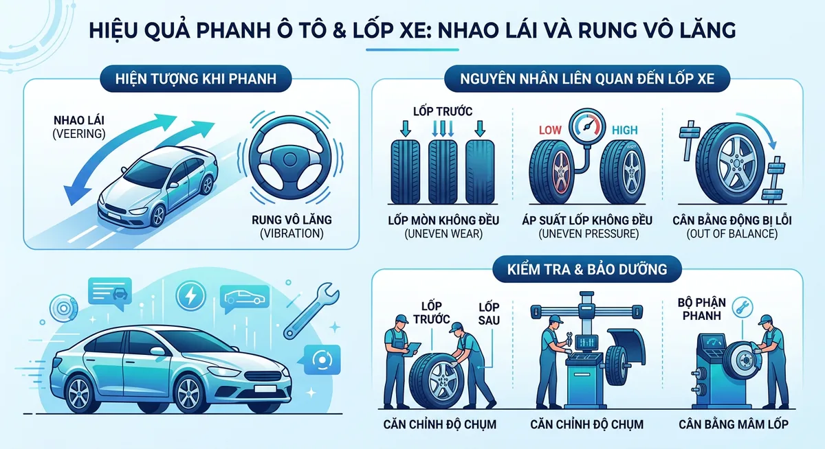 Kiểm tra đĩa phanh và má phanh khi xe có hiện tượng rung lắc