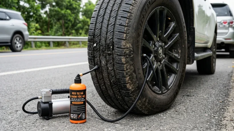 Dùng Bơm Mini Kết Hợp Keo Tự Vá Khi Thủng Lốp Dọc Đường