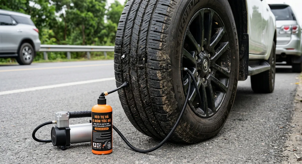 bộ đôi bơm điện mini và keo tự vá ô tô cứu hộ khẩn cấp