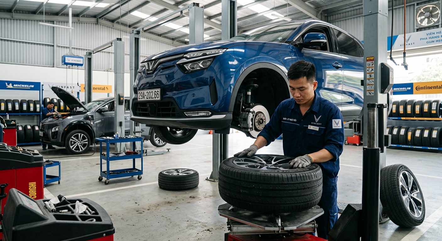 Máy cân chỉnh thước lái 3D hiện đại cho xe điện VinFast tại garage