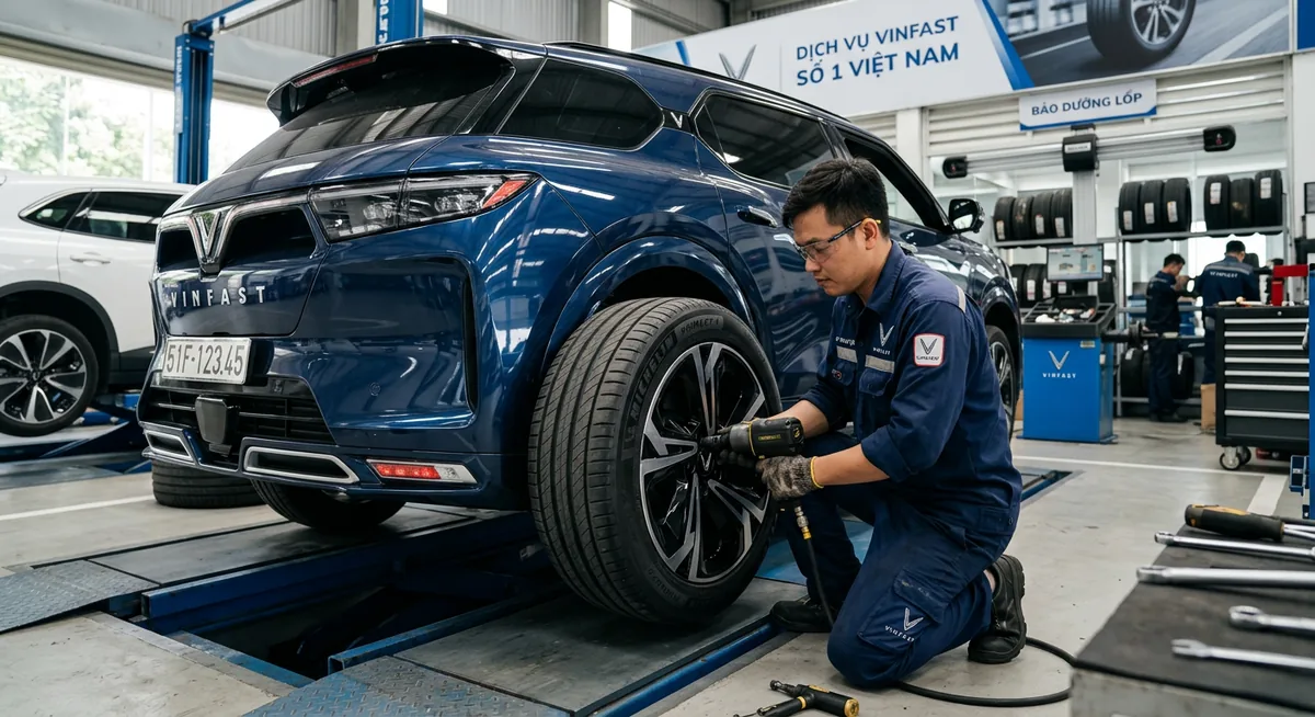 Thay lốp chuyên dụng cho xe điện VinFast tại trung tâm uy tín