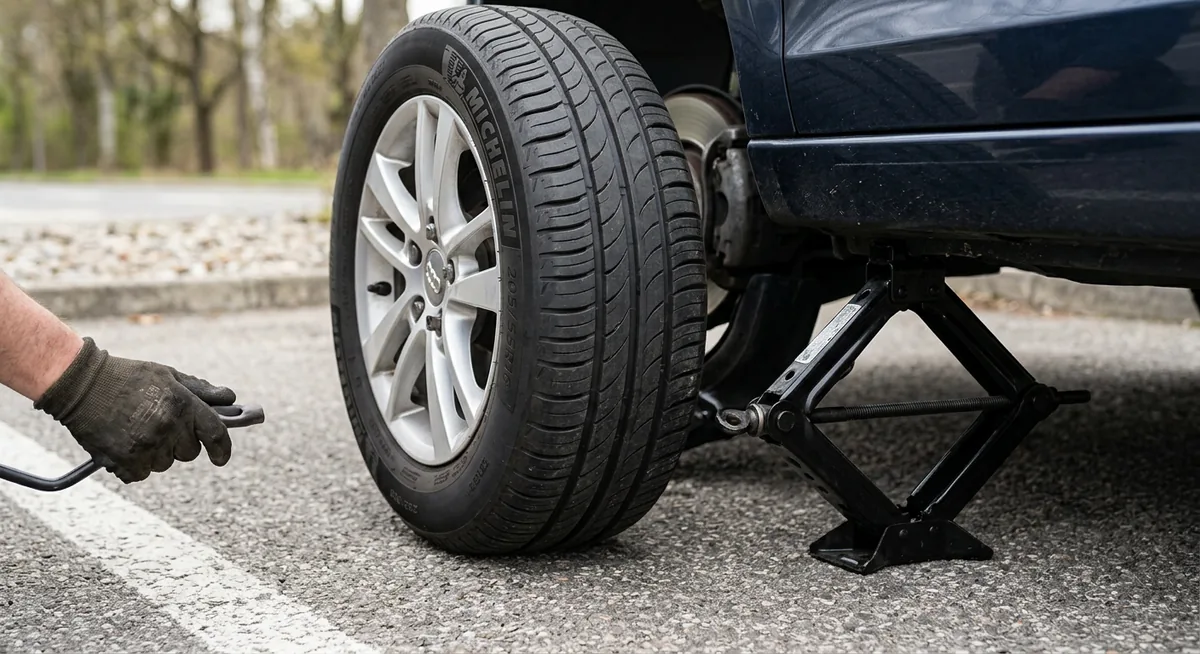 chuẩn bị dụng cụ thay lốp dự phòng ô tô bằng kích chữ a