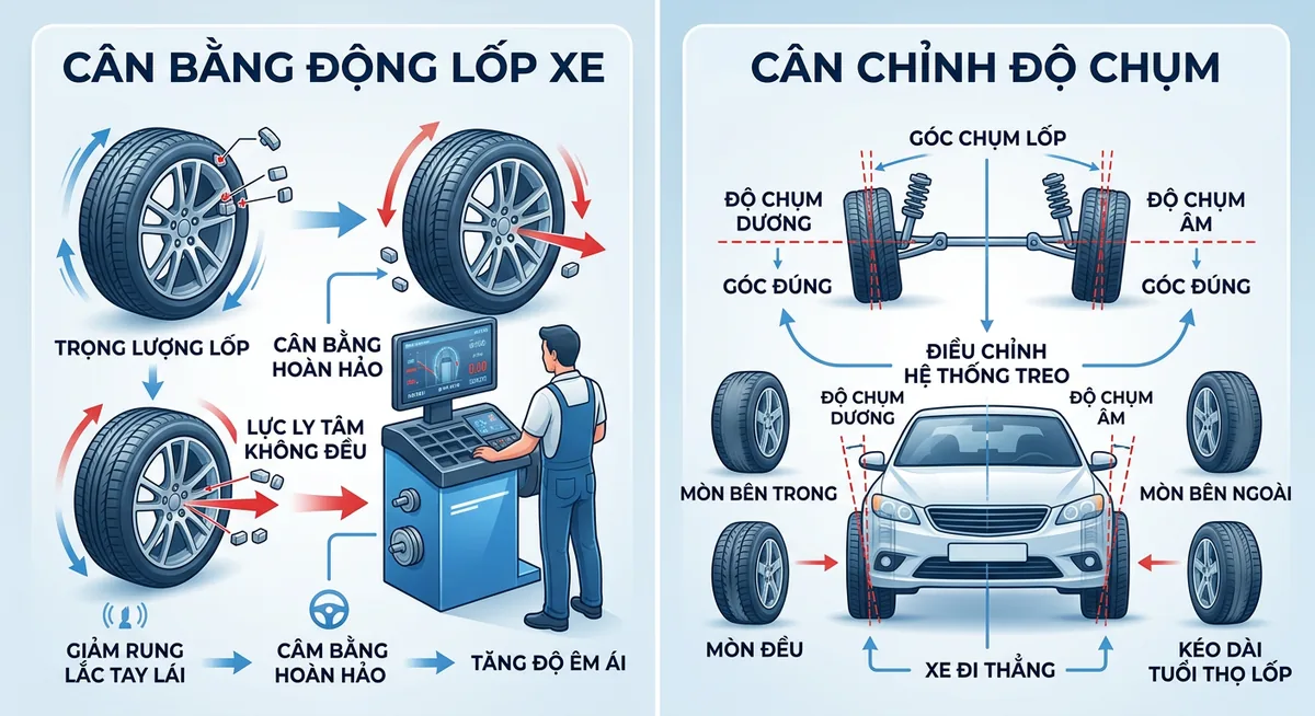 Minh họa các góc Camber Toe và Caster trong cân chỉnh độ chụm