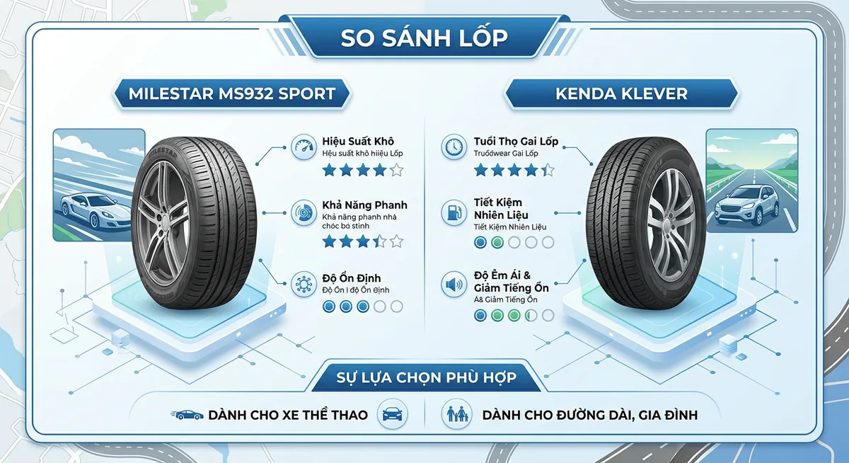 So sánh gai lốp Kenda Klever và Milestar MS932 Sport