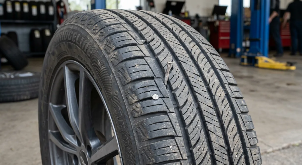 Hình ảnh đinh rúc sâu vào bề mặt lốp ô tô không săm