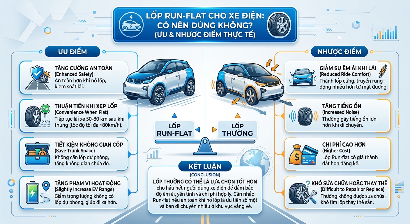 So sánh độ dày thành lốp run-flat và lốp thường cho xe điện
