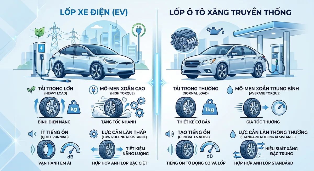 So sánh lực cản lăn giữa lốp xe điện và lốp xe xăng