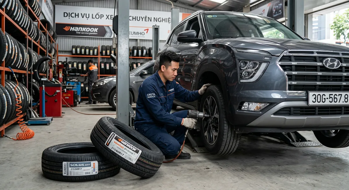 Kiểm tra lốp xe Hyundai Creta tại gara chuyên nghiệp