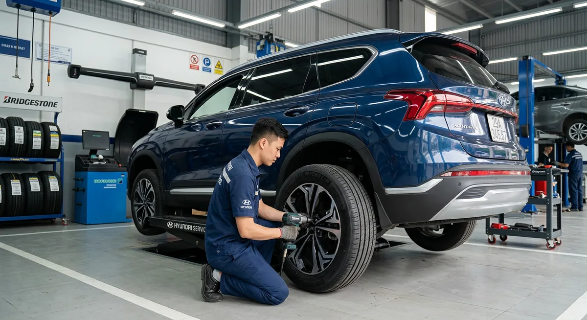 Kiểm tra độ mòn lốp xe SantaFe tại garage chuyên nghiệp