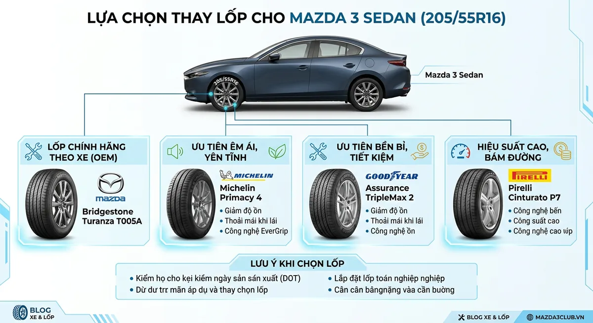 So sánh các loại lốp cho xe Mazda 3 sedan