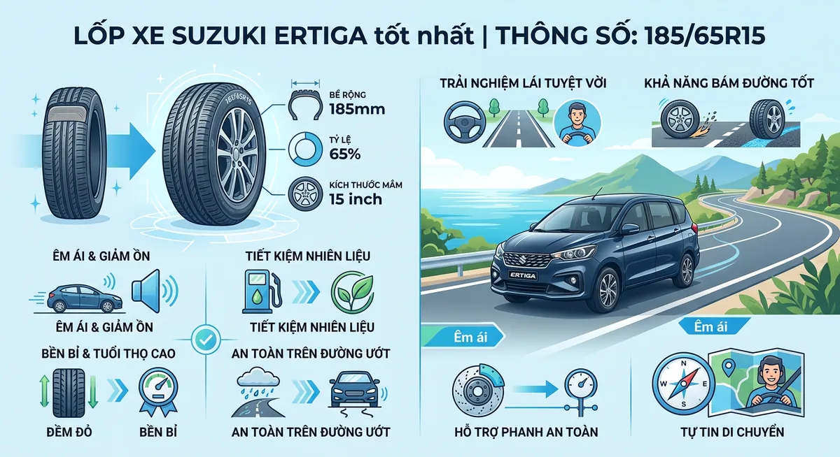 So sánh các dòng lốp xe Suzuki Ertiga 185/65R15 từ Michelin, Bridgestone và Yokohama