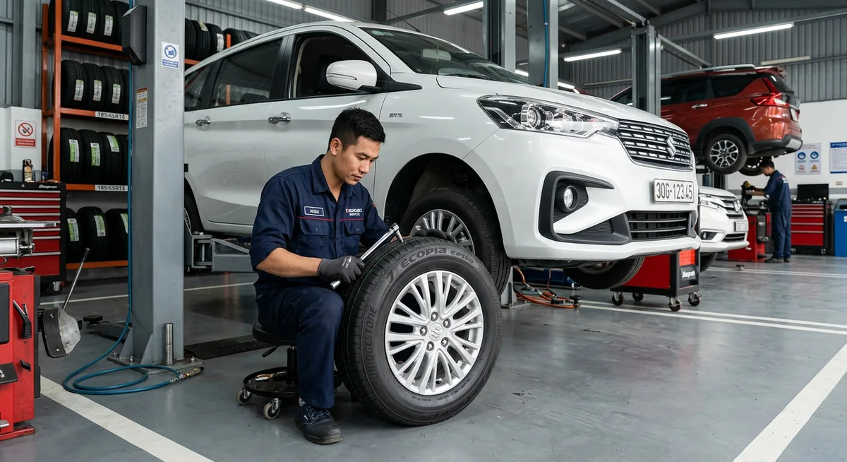 Kỹ thuật viên thực hiện cân chỉnh thước lái sau khi thay lốp Suzuki Ertiga