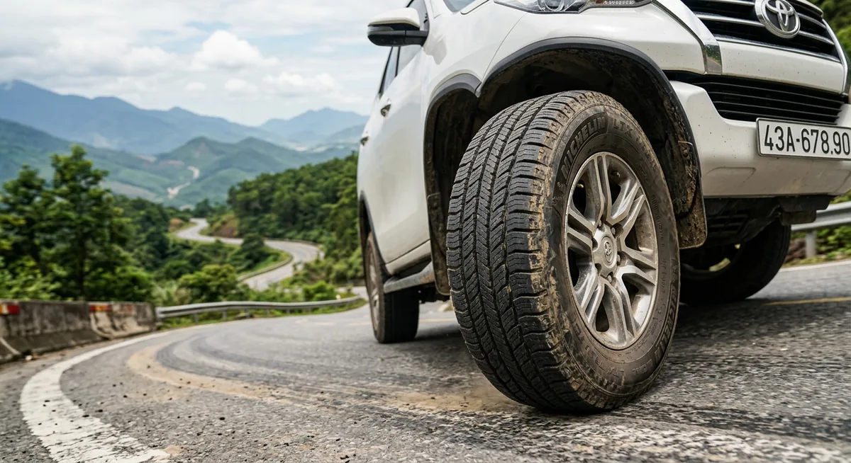 Lốp xe Toyota Fortuner đi đường núi đèo với gai AT mạnh mẽ