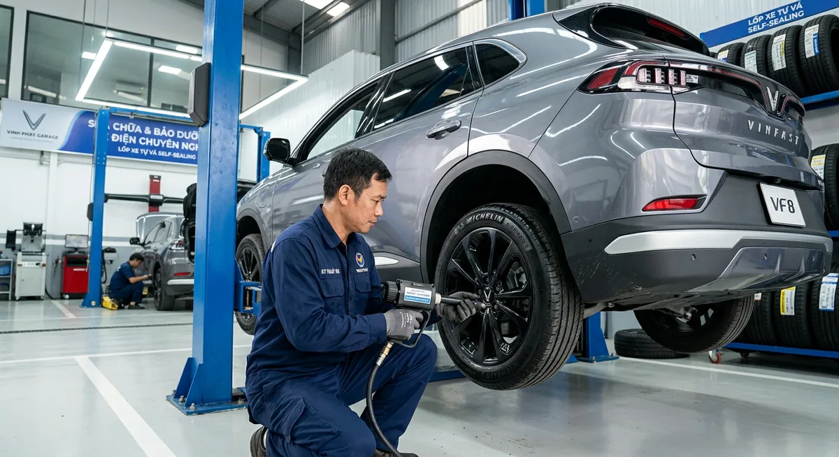 Kỹ thuật viên kiểm tra lốp tự vá cho xe điện tại trung tâm dịch vụ