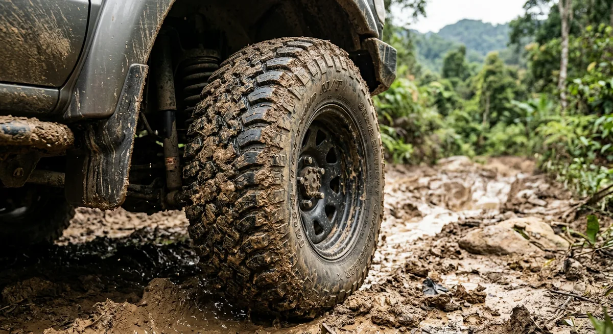 Cận cảnh gai lốp MT bùn lầy với các khối gai lớn và rãnh sâu