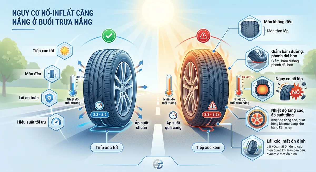 Lốp xe bị mòn không đều do áp suất quá căng