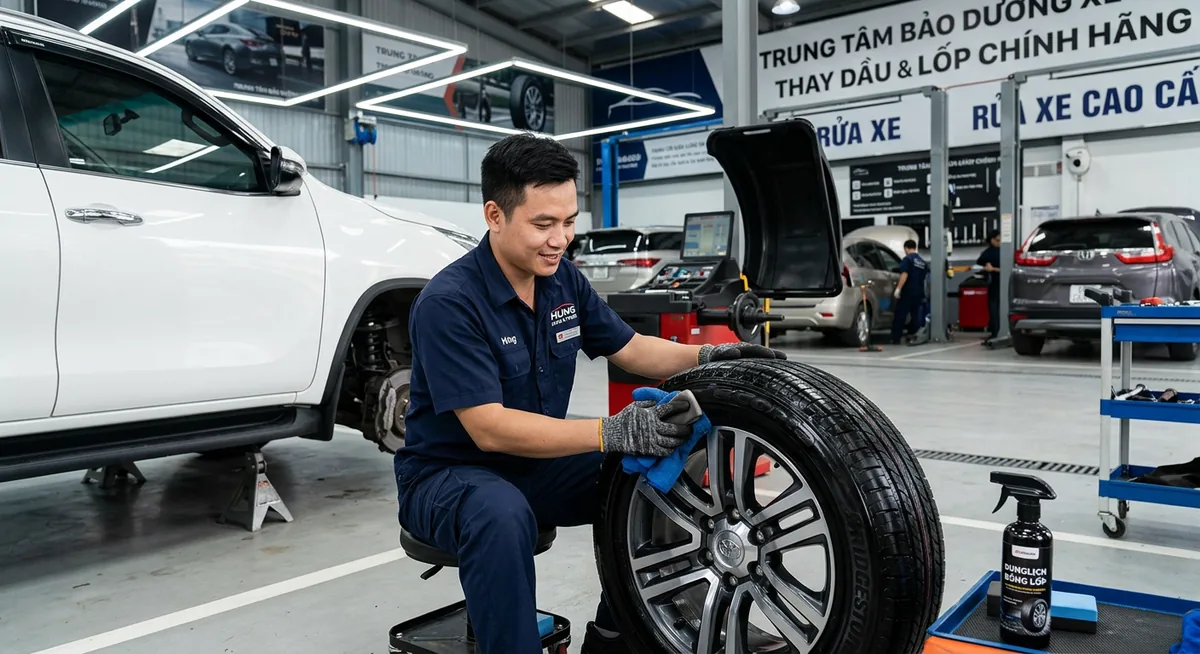 Quy trình vệ sinh lốp xe trước khi xịt bóng