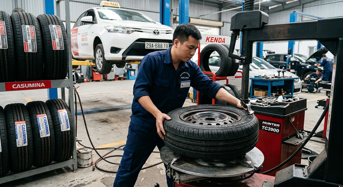 Bác tài taxi kiểm tra lốp Kenda và Casumina