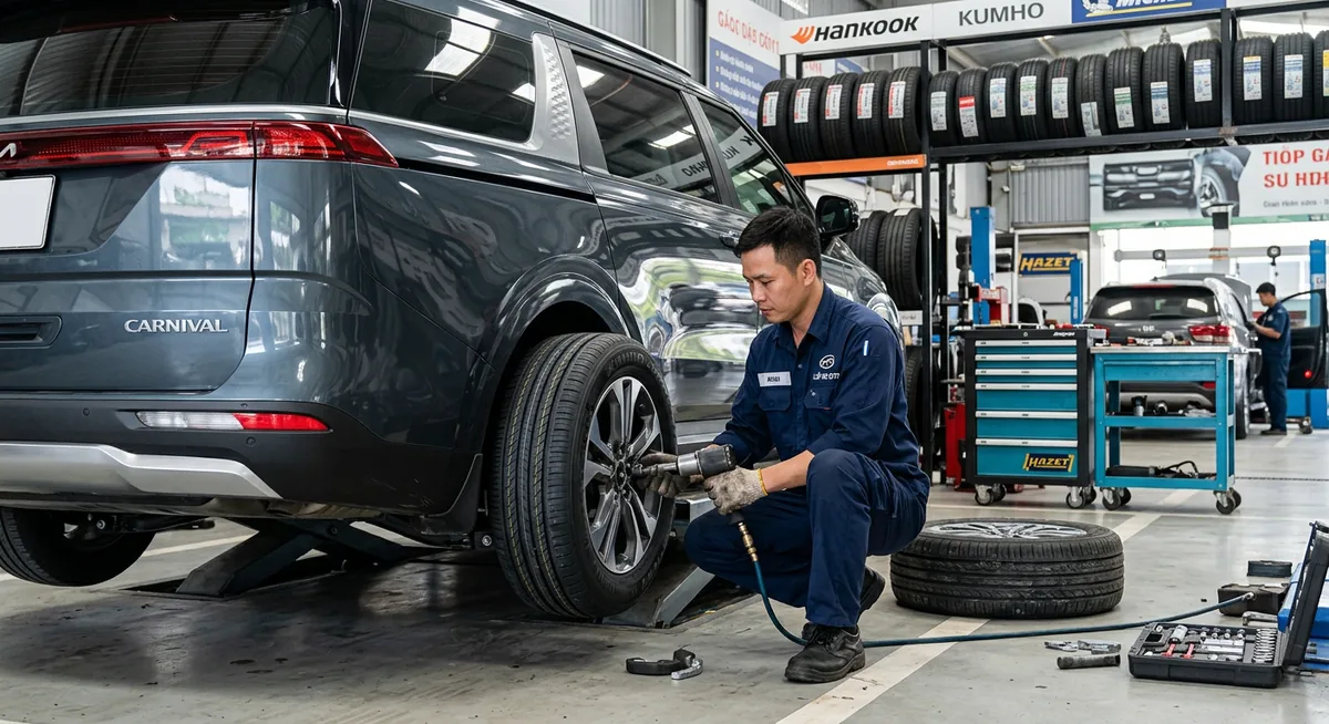 Quy trình cân bằng động khi thay lốp xe Kia Carnival