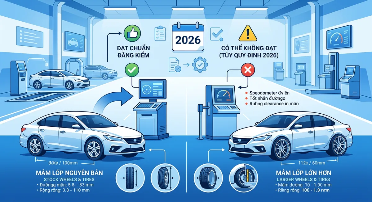 Rủi ro khi thay mâm lốp quá khổ cho <a href=