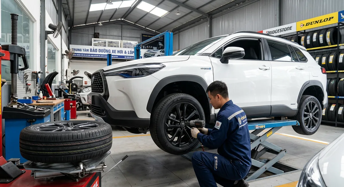 Kỹ thuật viên kiểm tra lốp xe Hybrid