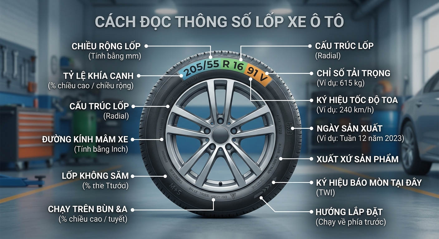 Sơ đồ minh họa chiều rộng và chiều cao thành lốp xe ô tô
