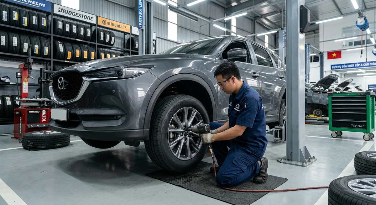 Nhân viên cứu hộ đang thay lốp dự phòng cho khách hàng thay vì cẩu xe