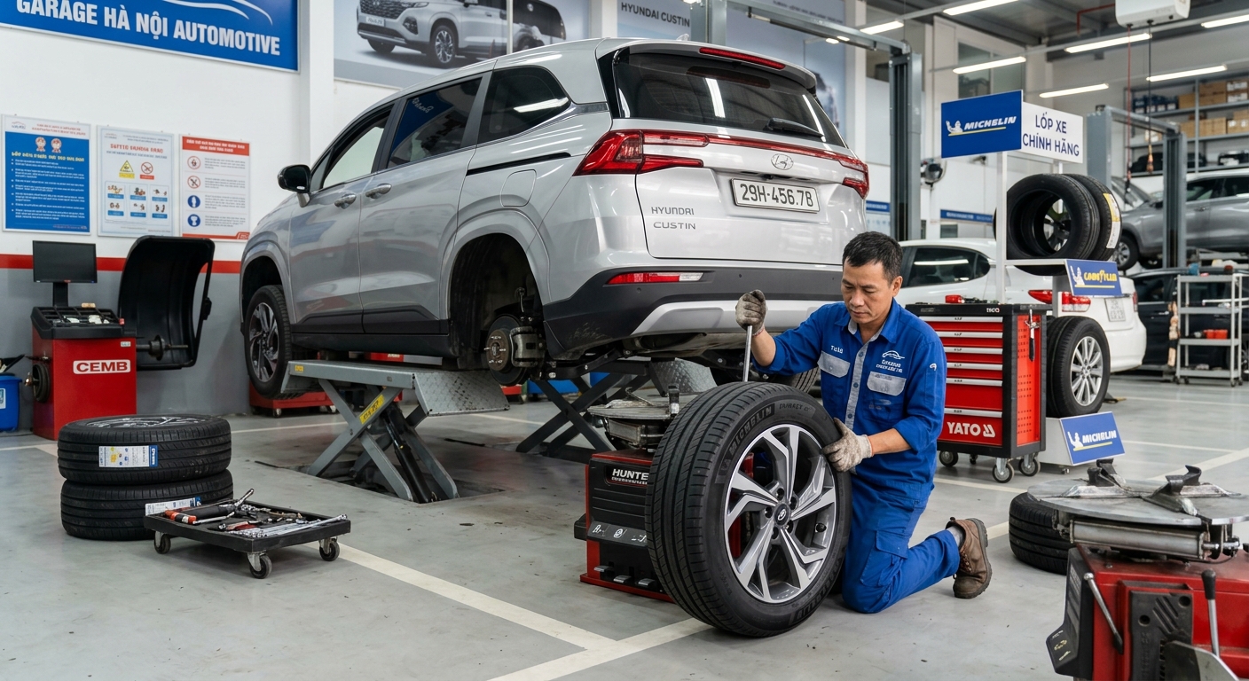Quy trình cân chỉnh thước lái khi thay lốp xe Hyundai Custin