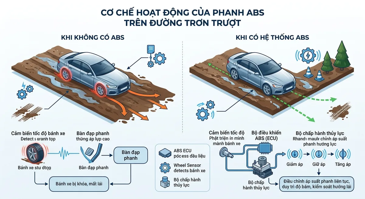 So sánh quãng đường phanh có ABS và không có ABS trên đường lầy